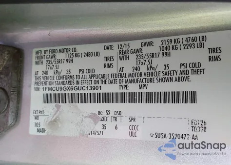 2016 Ford Escape Se из США, поврежденный, VIN 1FMCU9GX6GUC13901